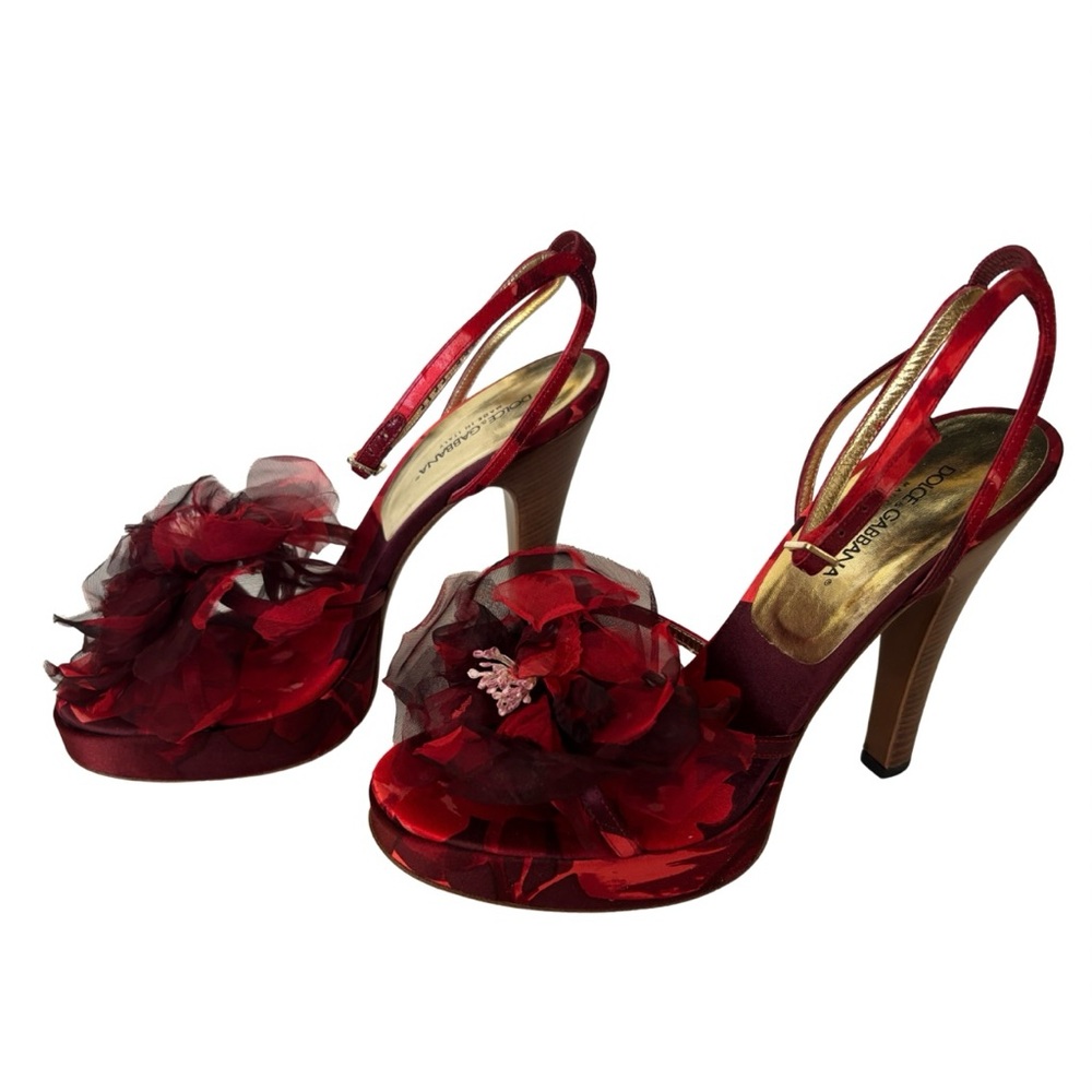 Dolce & Gabbana Red Floral Silk Platform Heels